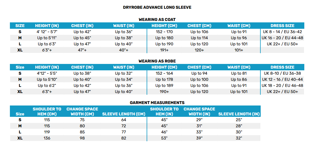2025 Dryrobe Advance Long Sleeve  Size Chart
